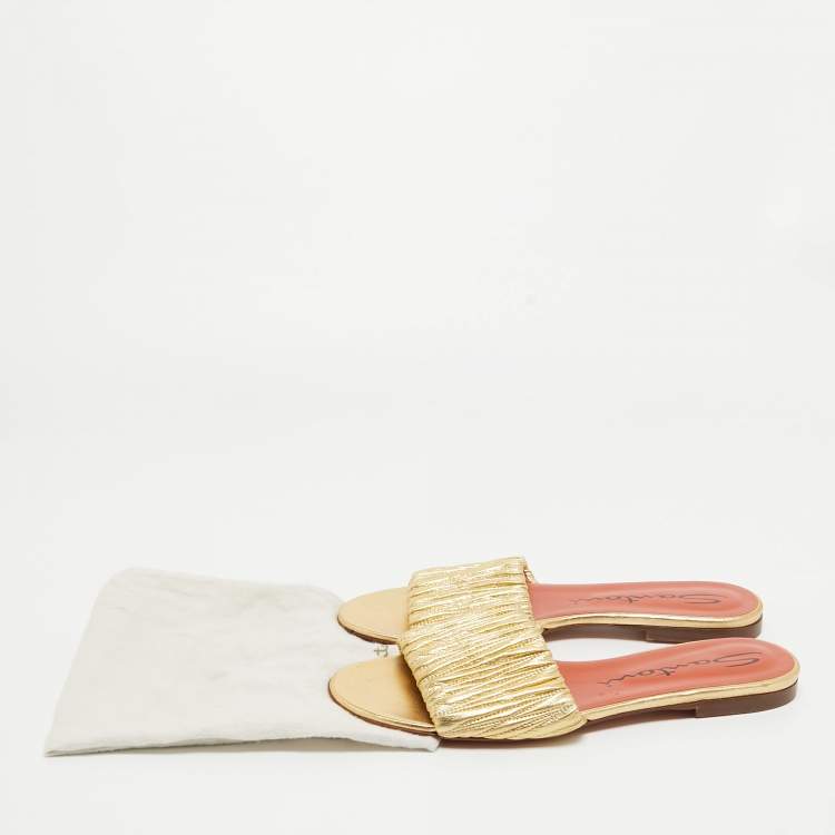Pre Owned Santoni Gold Leather Flat Slides Size 40