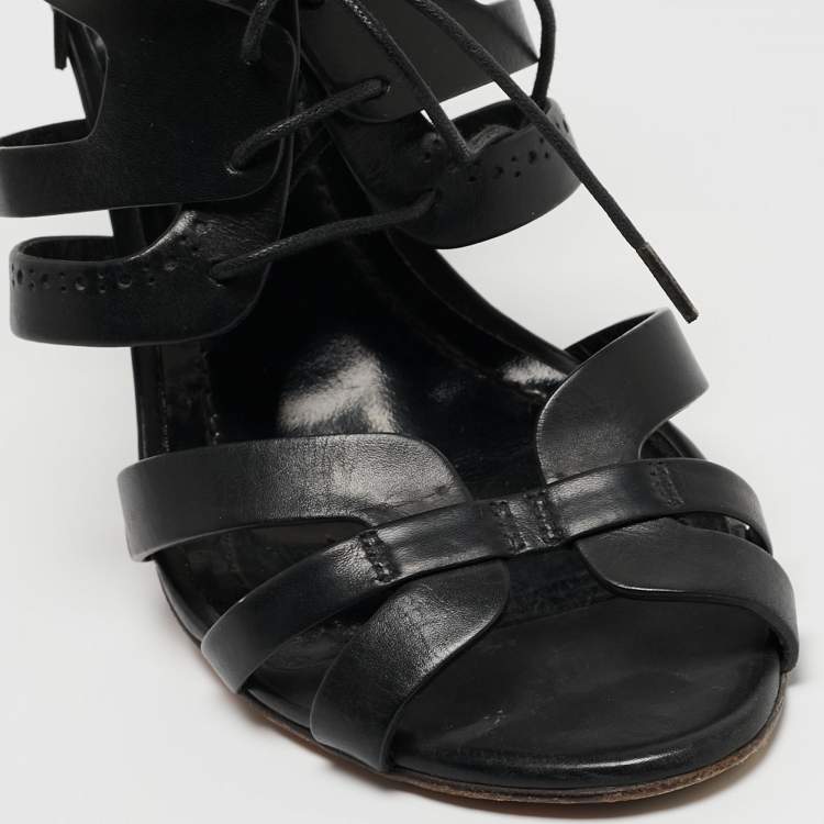 Pre Owned Santoni Black Leather Strappy Sandals Size 37.5