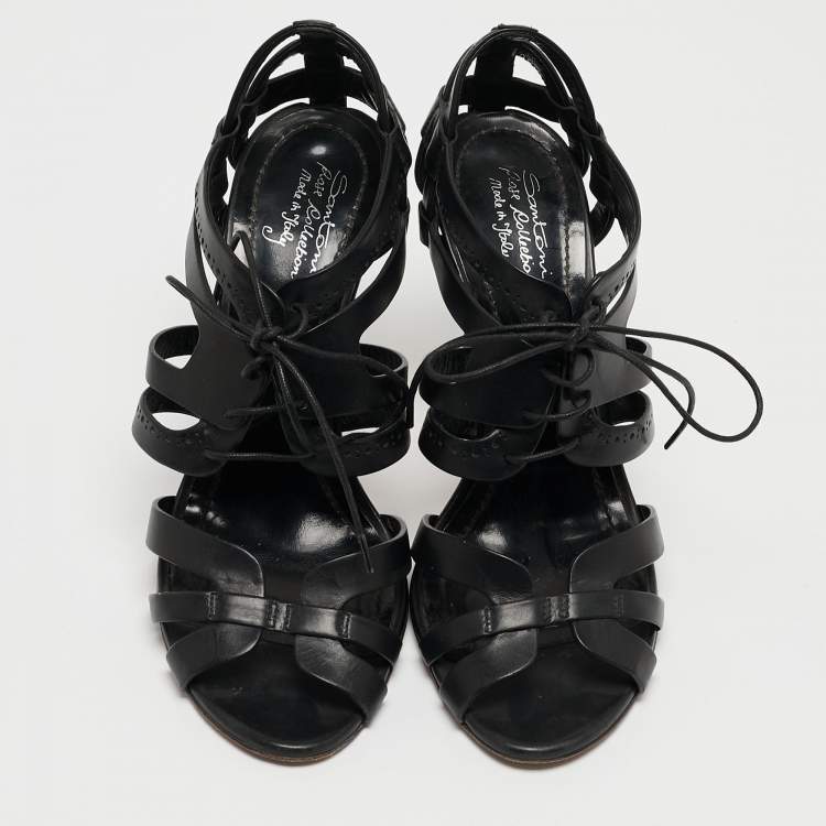 Pre Owned Santoni Black Leather Strappy Sandals Size 37.5
