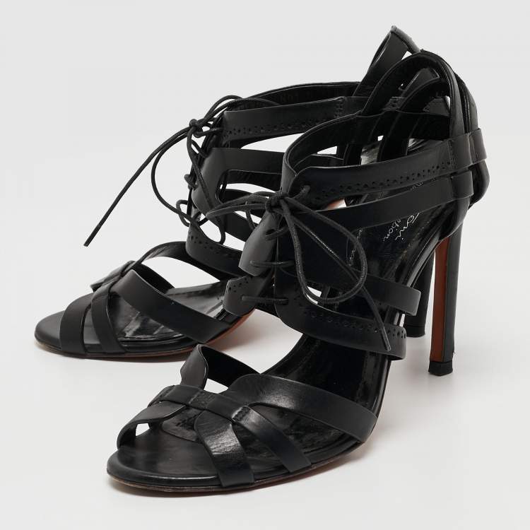 Pre Owned Santoni Black Leather Strappy Sandals Size 37.5