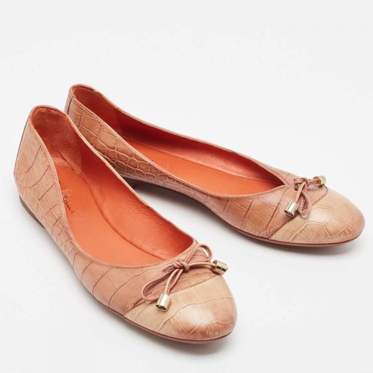 Pre Owned Santoni Two Tone Croc Embossed Leather Bow Ballet Flats Size 37