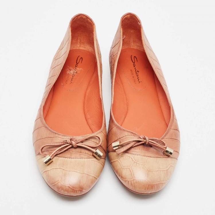 Pre Owned Santoni Two Tone Croc Embossed Leather Bow Ballet Flats Size 37