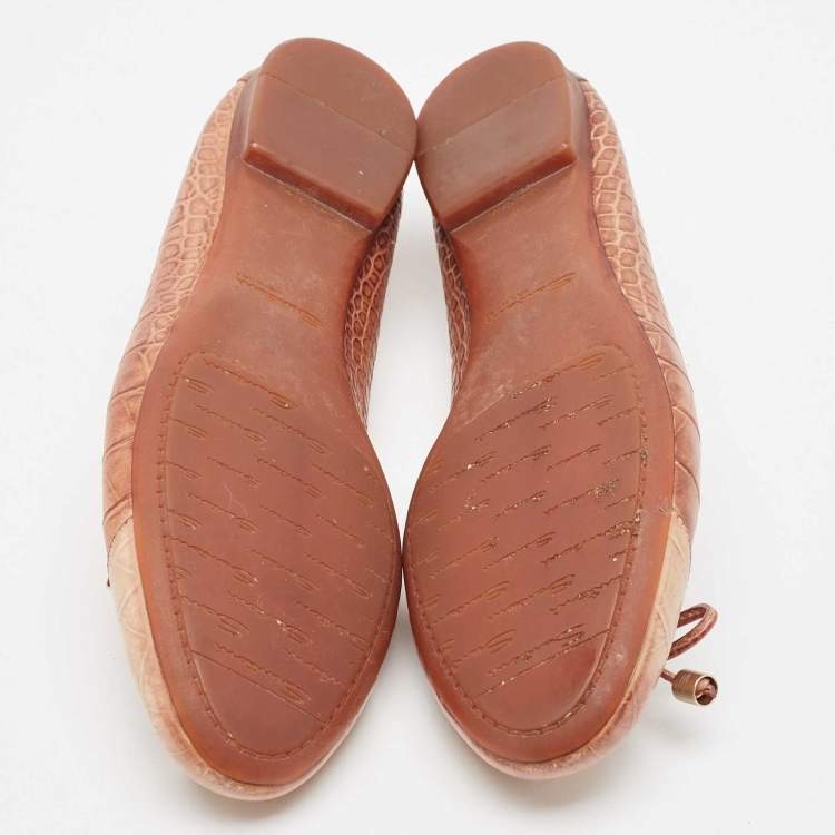Pre Owned Santoni Two Tone Croc Embossed Leather Bow Ballet Flats Size 37