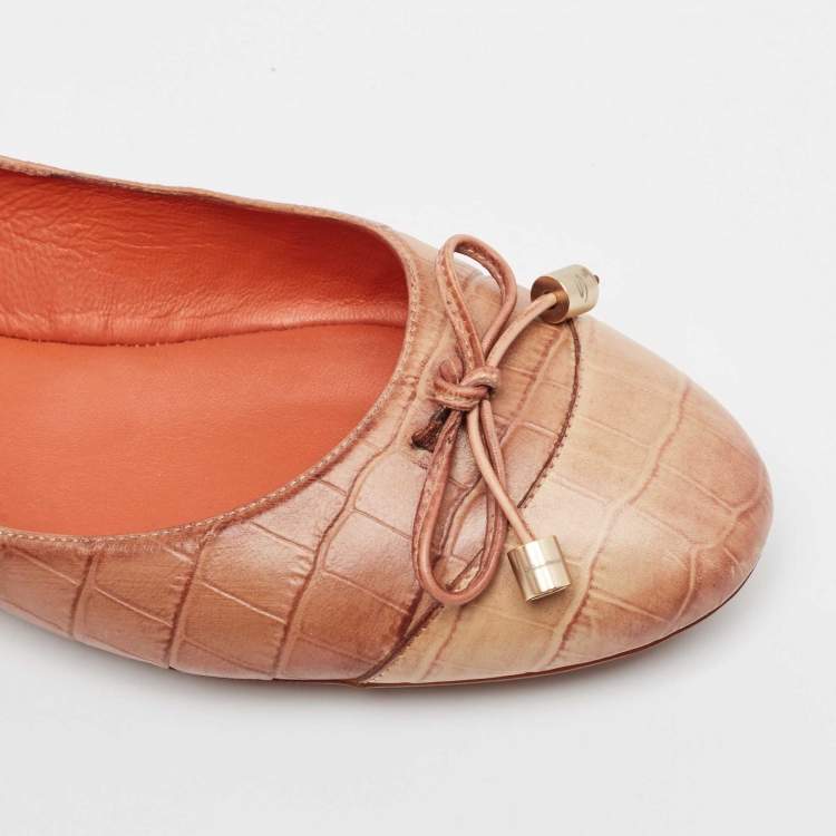 Pre Owned Santoni Two Tone Croc Embossed Leather Bow Ballet Flats Size 37