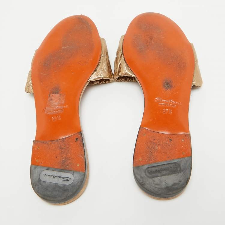Pre Owned Santoni Gold Leather Flat Slides Size 37.5