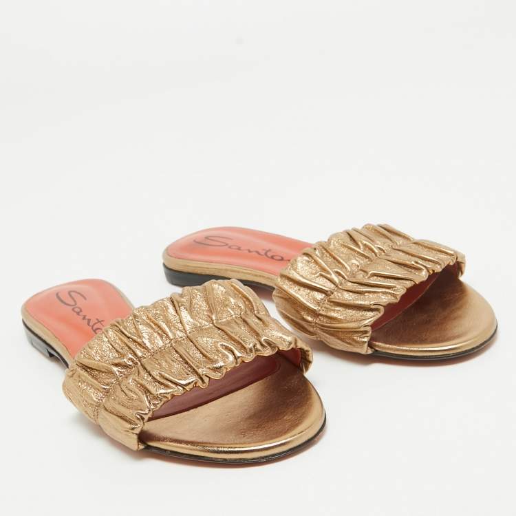 Pre Owned Santoni Gold Leather Flat Slides Size 37.5