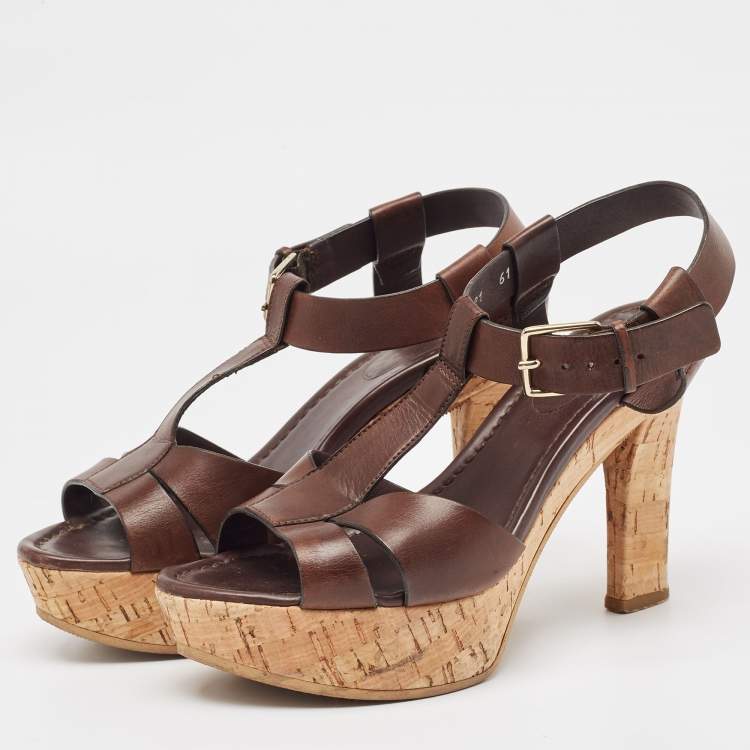 Pre Owned Santoni Brown Leather Ankle Strap Platform Sandals Size 37