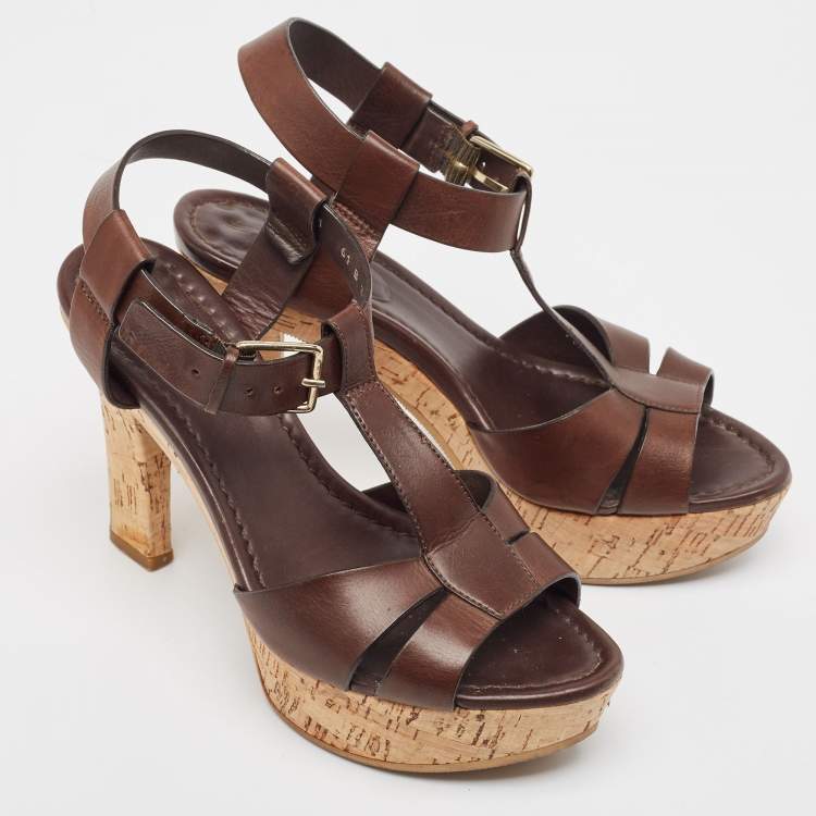 Pre Owned Santoni Brown Leather Ankle Strap Platform Sandals Size 37
