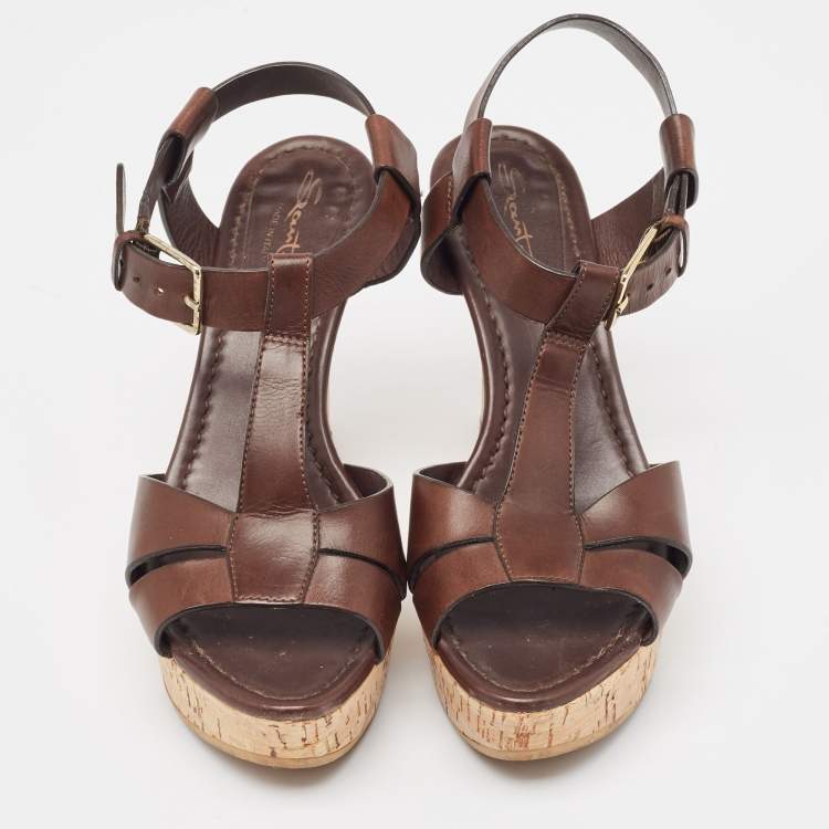 Pre Owned Santoni Brown Leather Ankle Strap Platform Sandals Size 37