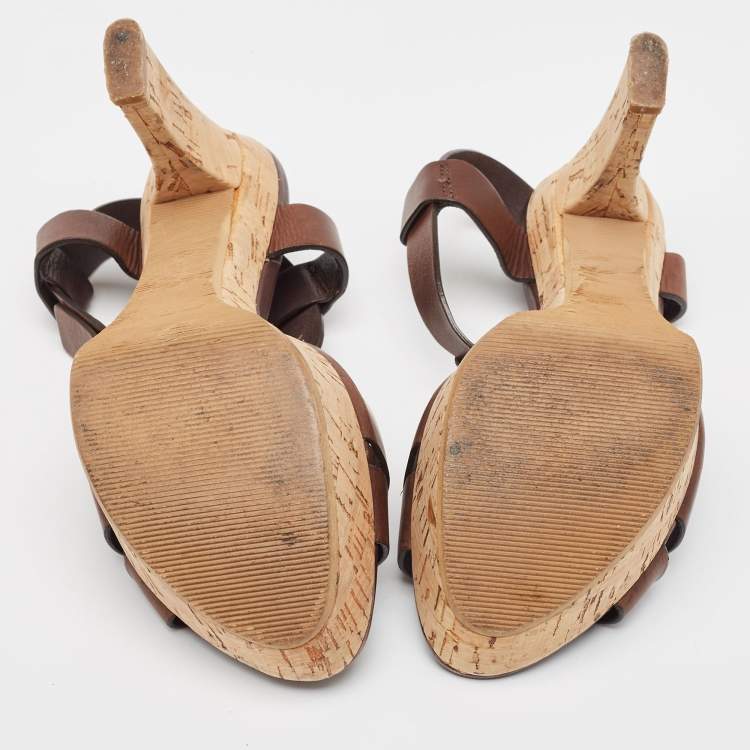 Pre Owned Santoni Brown Leather Ankle Strap Platform Sandals Size 37