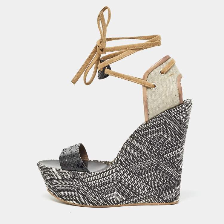 Pre Owned Santoni Black/Beige Canvas and Python Leather Wedge Platform Ankle Wrap Sandals Size 40