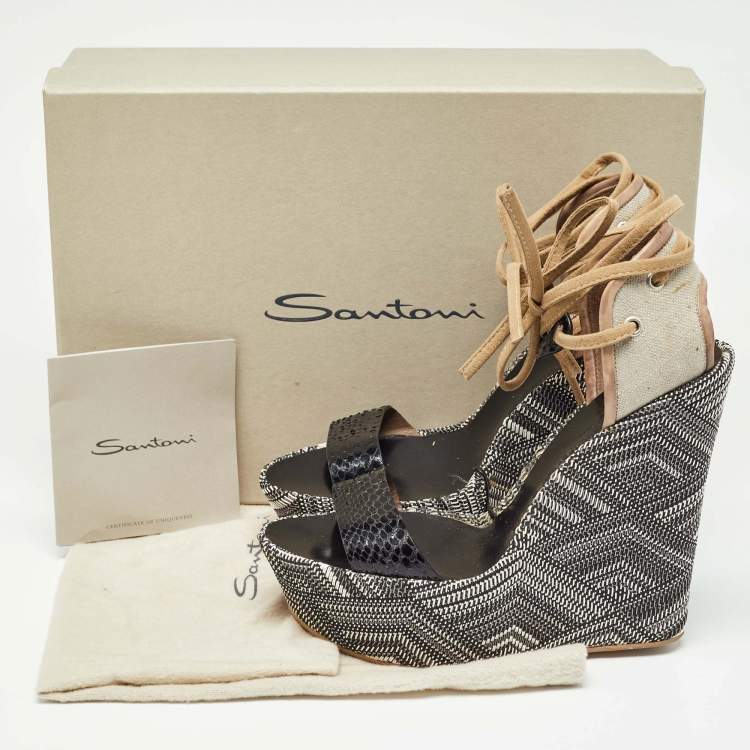 Pre Owned Santoni Black/Beige Canvas and Python Leather Wedge Platform Ankle Wrap Sandals Size 40