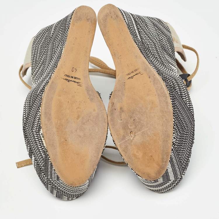 Pre Owned Santoni Black/Beige Canvas and Python Leather Wedge Platform Ankle Wrap Sandals Size 40