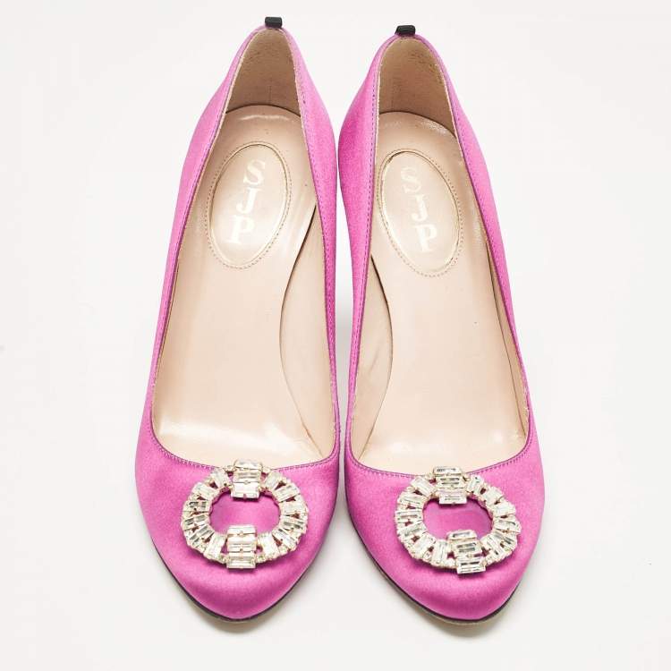 Pre Owned SJP Sarah Jessica Parker Pink Satin Crystal Embellished Pumps Size 37