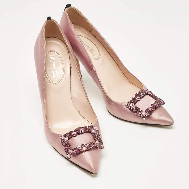 Pre Owned SJP Sarah Jessica Parker Beige Satin Crystal Embellished Pumps Size 37