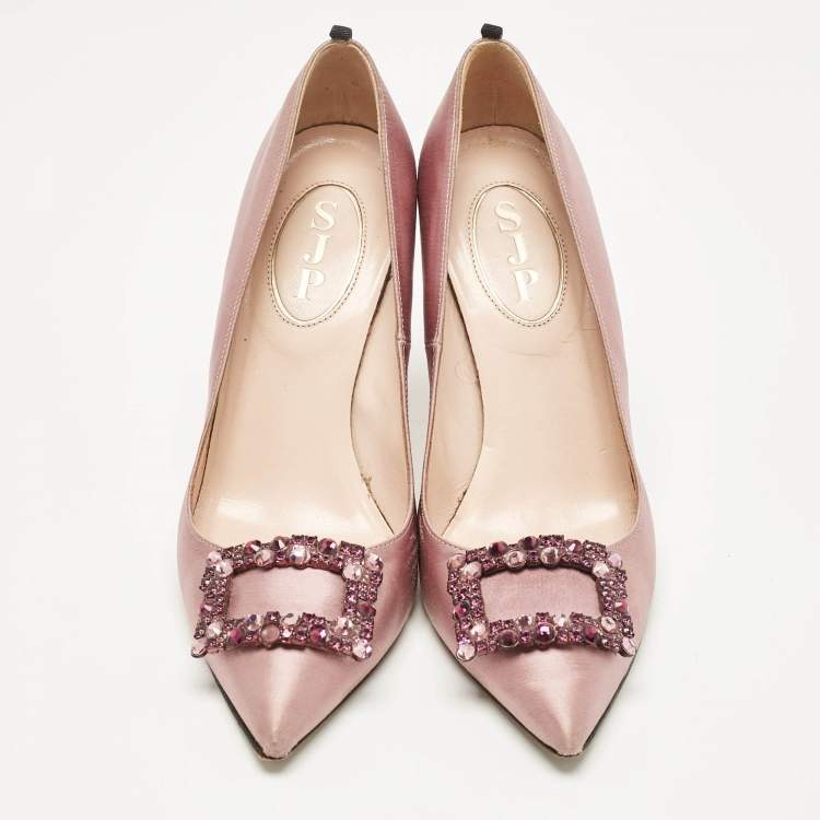 Pre Owned SJP Sarah Jessica Parker Beige Satin Crystal Embellished Pumps Size 37