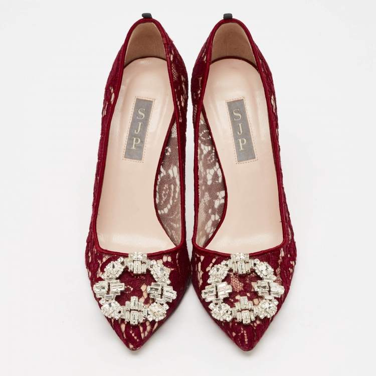 Pre Owned SJP Sarah Jessica Parker Burgundy Lace Crystal Embellished Buckle Pumps Size 37