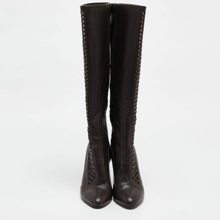 Pre Owned SJP Sarah Jessica Parker Brown Cutout Leather Knee Length Boots Size 37