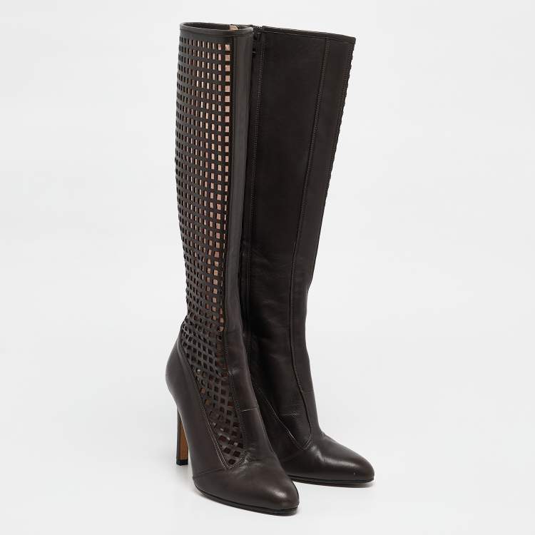 Pre Owned SJP Sarah Jessica Parker Brown Cutout Leather Knee Length Boots Size 37