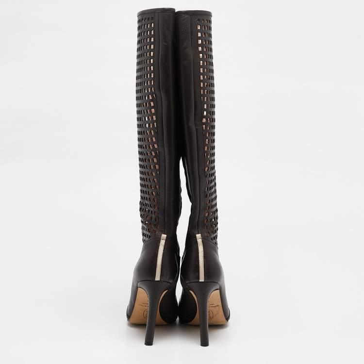 Pre Owned SJP Sarah Jessica Parker Brown Cutout Leather Knee Length Boots Size 37