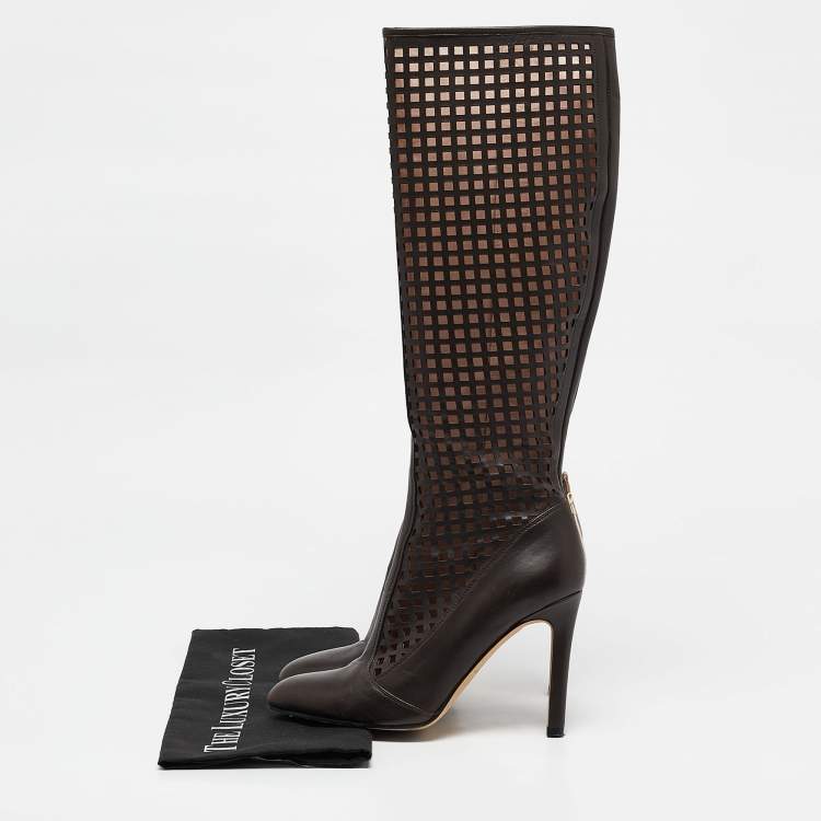 Pre Owned SJP Sarah Jessica Parker Brown Cutout Leather Knee Length Boots Size 37