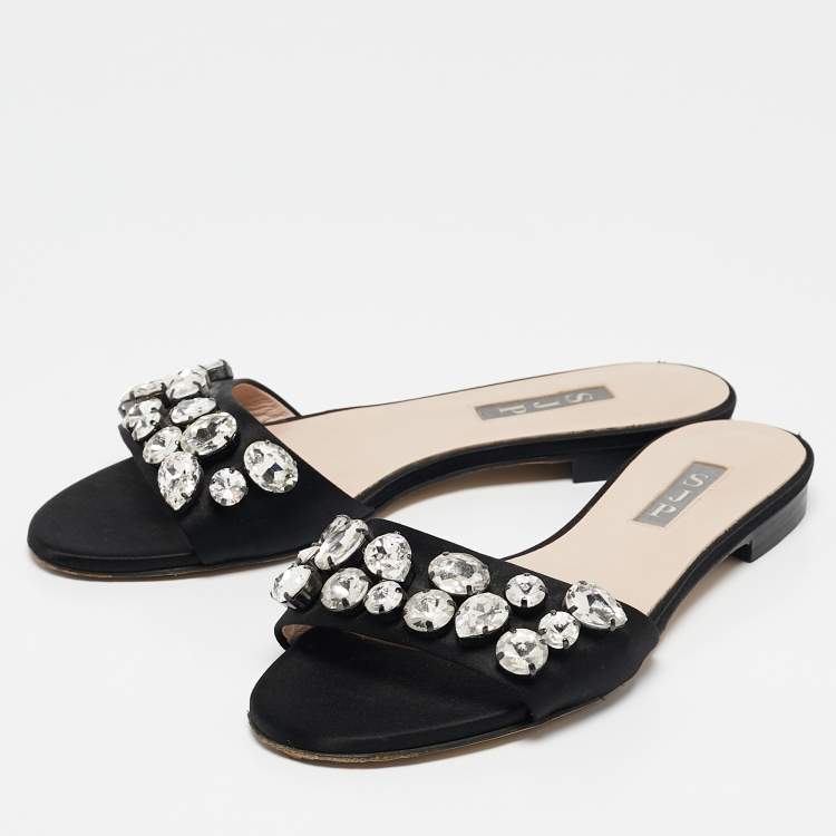 Pre Owned SJP Sarah Jessica Parker Black Satin Crystal Embellished Flat Slides Size 37