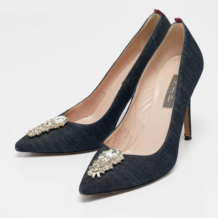 Pre Owned SJP Sarah Jessica Parker Navy Blue Denim Crystal Embellished Pointed Toe Pumps Size 37