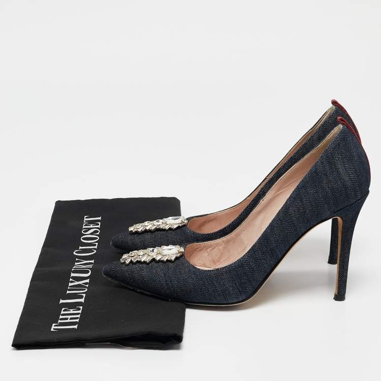 Pre Owned SJP Sarah Jessica Parker Navy Blue Denim Crystal Embellished Pointed Toe Pumps Size 37