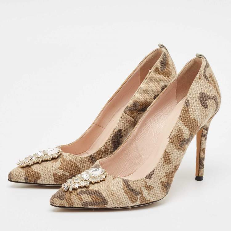 Pre Owned SJP Sarah Jessica Parker Multicolor Jute Fabric Crystal Embellished Pumps Size 37