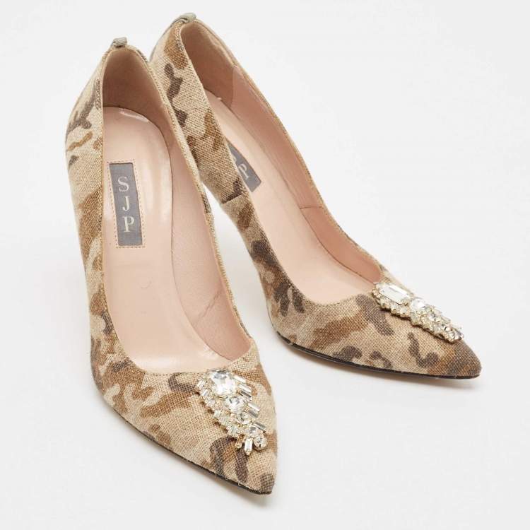Pre Owned SJP Sarah Jessica Parker Multicolor Jute Fabric Crystal Embellished Pumps Size 37