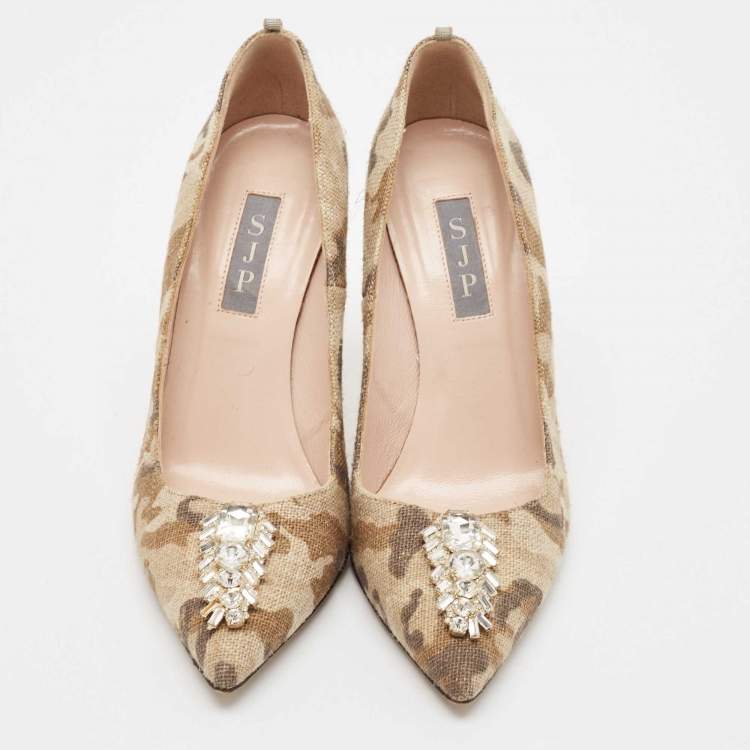 Pre Owned SJP Sarah Jessica Parker Multicolor Jute Fabric Crystal Embellished Pumps Size 37