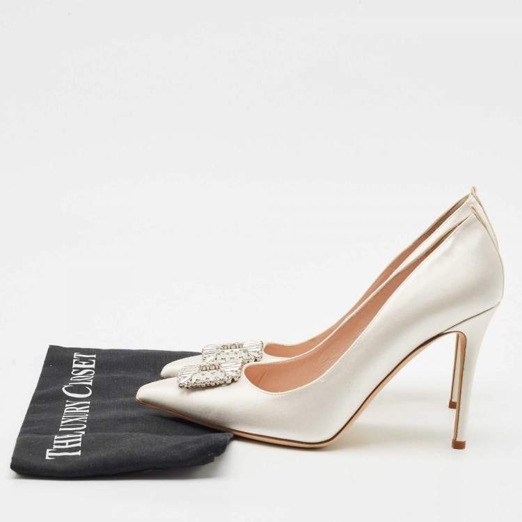 Pre Owned SJP Sarah Jessica Parker White Satin Crystals Embellished Pumps Size 39