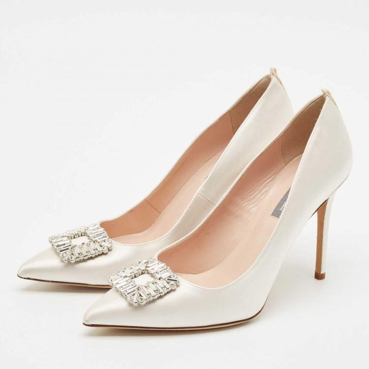 Pre Owned SJP Sarah Jessica Parker White Satin Crystals Embellished Pumps Size 39