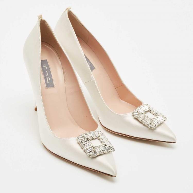 Pre Owned SJP Sarah Jessica Parker White Satin Crystals Embellished Pumps Size 39