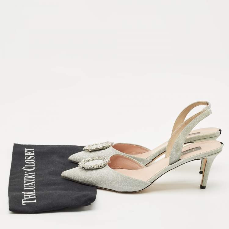 Pre Owned SJP Sarah Jessica Parker Silver Glitter Leather Mabel Slingback Pumps Size 40