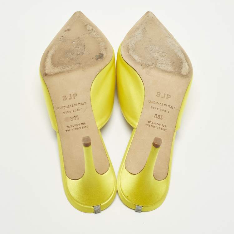 Pre Owned SJP Sarah Jessica Parker Size 38.5 Yellow Satin Crystal Embellished Mules