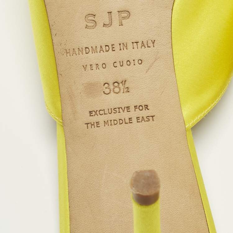 Pre Owned SJP Sarah Jessica Parker Size 38.5 Yellow Satin Crystal Embellished Mules