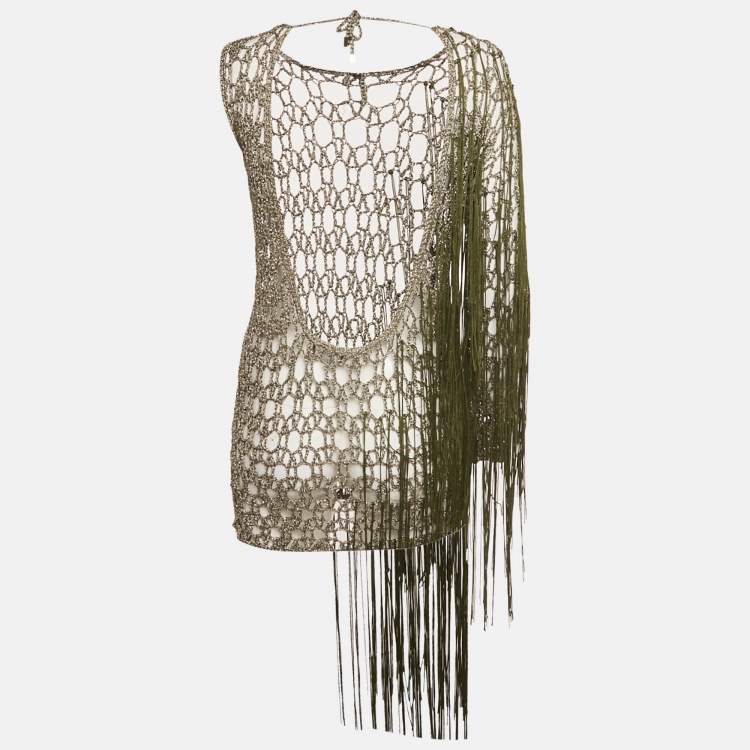 Pre Owned Sādh Green Crochet Fringed Sheer Asymmetric Sleeve Top M