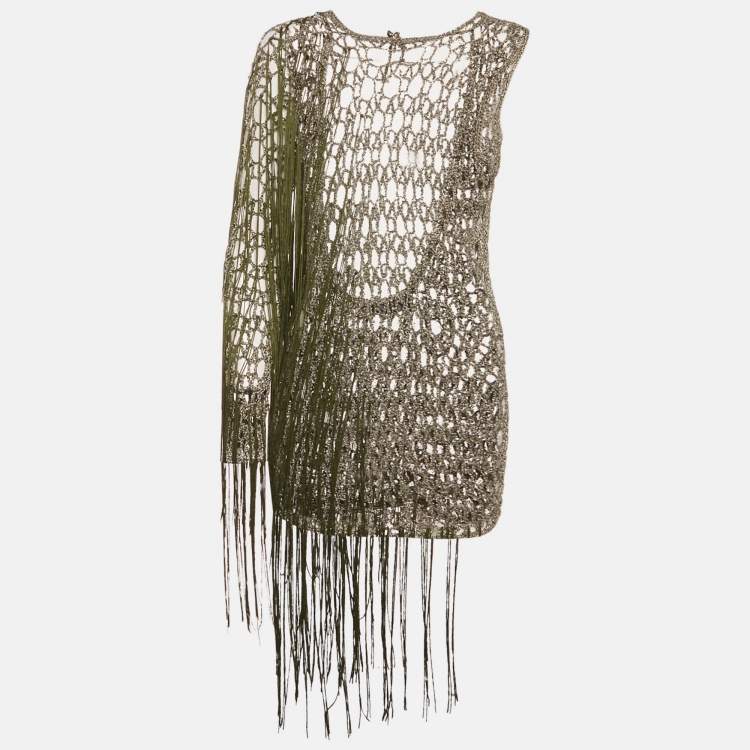Pre Owned Sādh Green Crochet Fringed Sheer Asymmetric Sleeve Top M