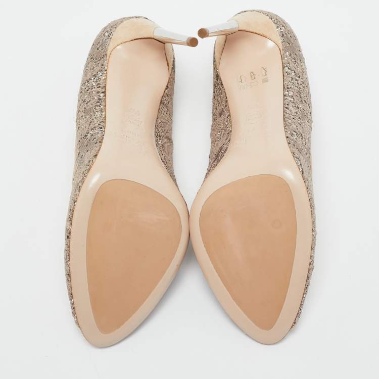 Pre Owned Sebastian Beige/Silver Lace and Glitter Peep Toe Pumps Size 40.5