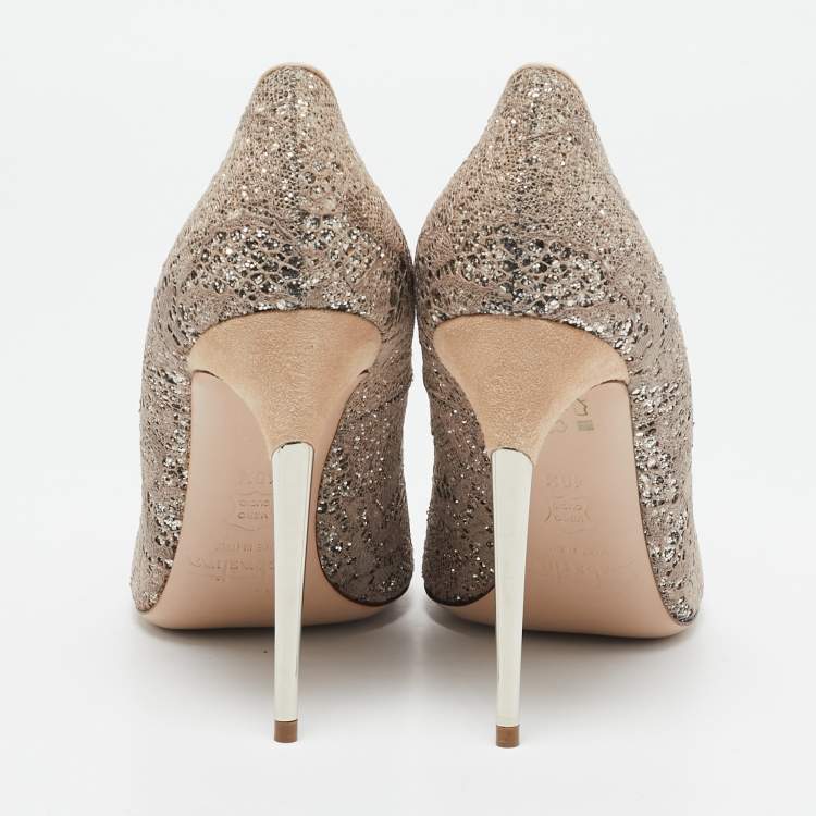 Pre Owned Sebastian Beige/Silver Lace and Glitter Peep Toe Pumps Size 40.5