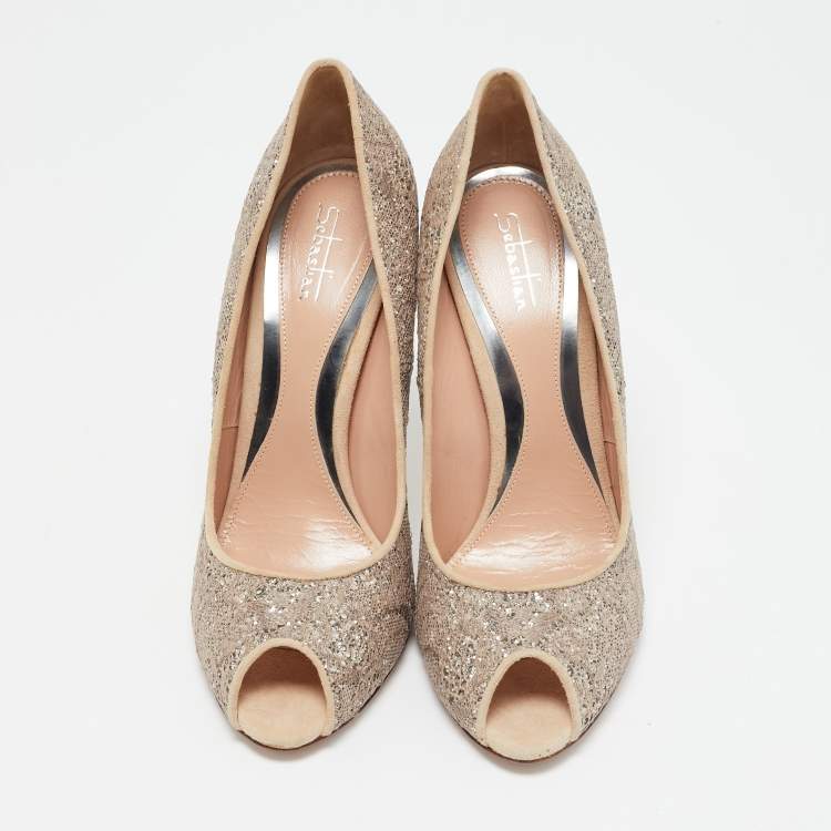 Pre Owned Sebastian Beige/Silver Lace and Glitter Peep Toe Pumps Size 40.5