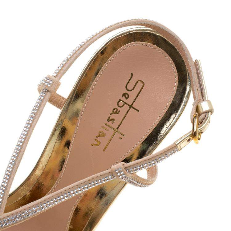 Pre Owned Sebastian Beige Crystal Embellished Suede Cross Strap Open Toe Sandals Size 39
