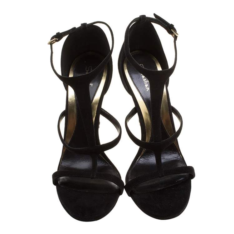 Pre Owned Sebastian Black Suede Strappy Open Toe Sandals Size 40