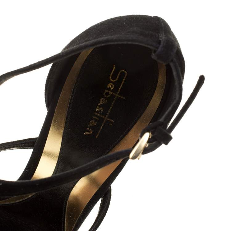 Pre Owned Sebastian Black Suede Strappy Open Toe Sandals Size 40
