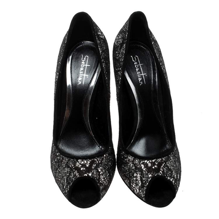 Pre Owned Sebastian Black Lace and Silver Glitter Peep Toe Pumps Size 37