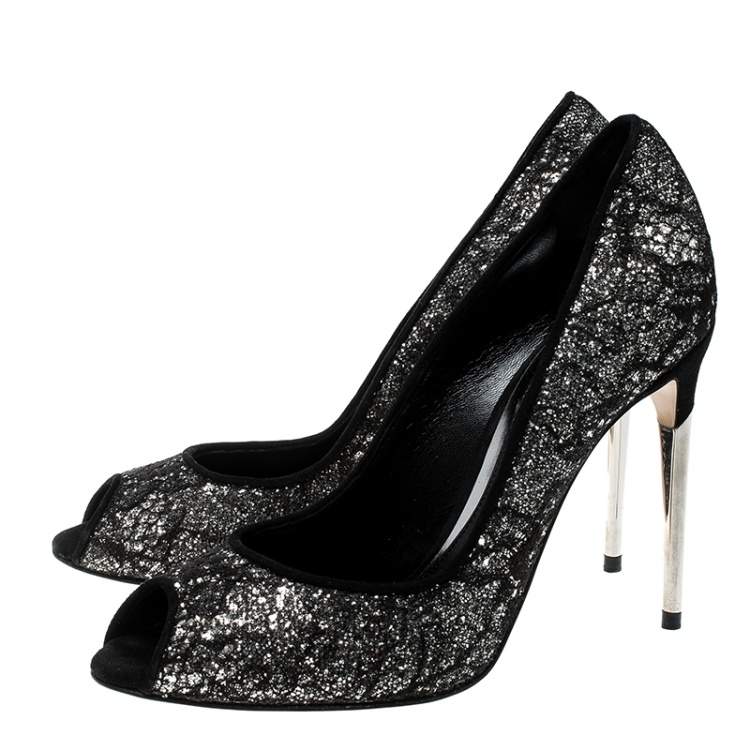 Pre Owned Sebastian Black Lace and Silver Glitter Peep Toe Pumps Size 37