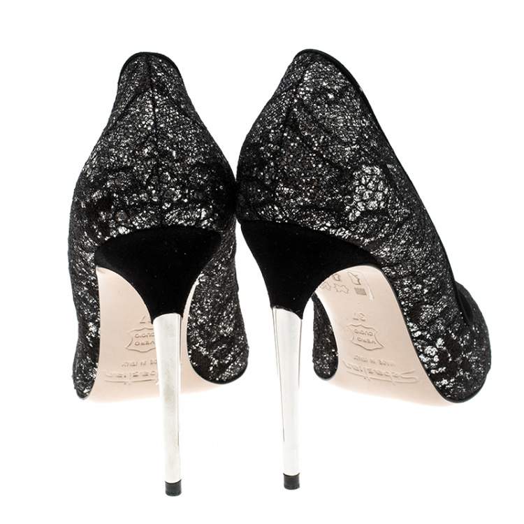 Pre Owned Sebastian Black Lace and Silver Glitter Peep Toe Pumps Size 37