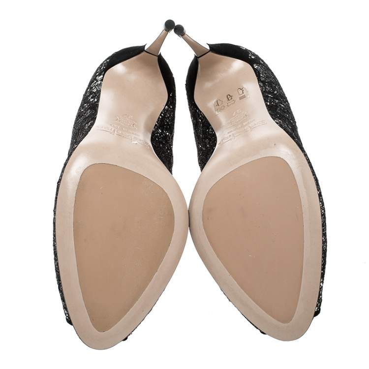Pre Owned Sebastian Black Lace and Silver Glitter Peep Toe Pumps Size 37