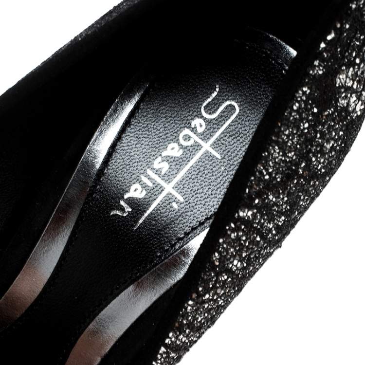 Pre Owned Sebastian Black Lace and Silver Glitter Peep Toe Pumps Size 37